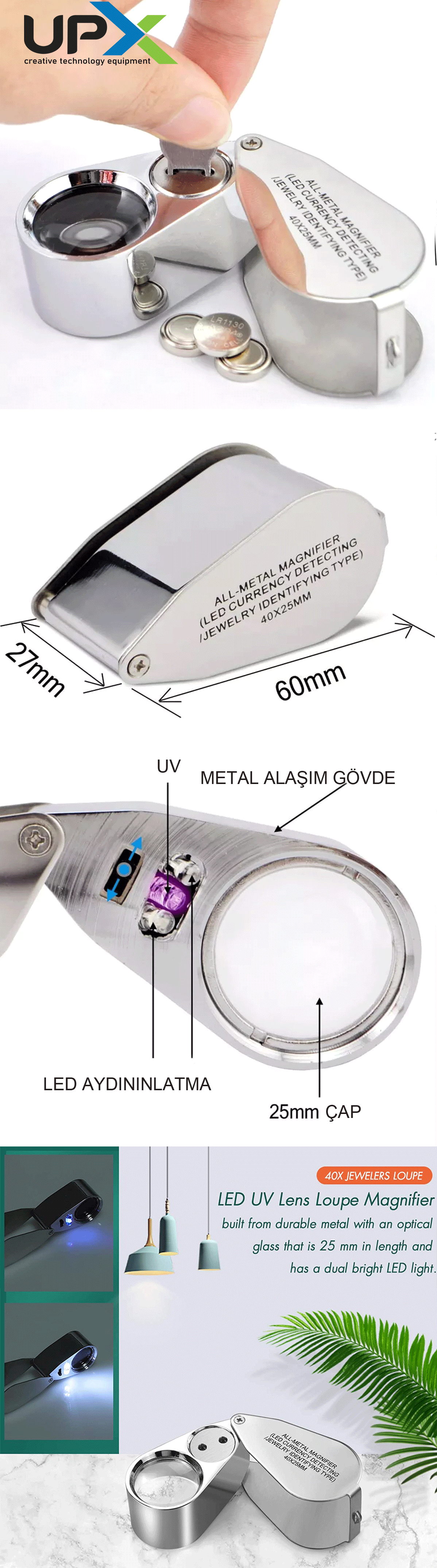 UPX 9890 UV+2 LED Akrilik Lens El/Kuyumcu Büyüteci